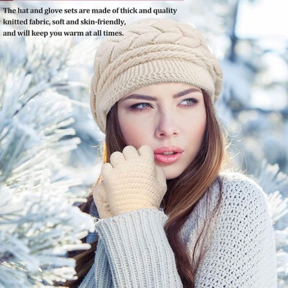 4 Pieces Women Winter Hat and Glove Set, Warm Knitted Beanie Hat Gloves